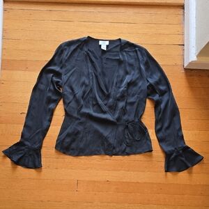 LOFT Black Satin Wrap Blouse with Ruffle Cuffs